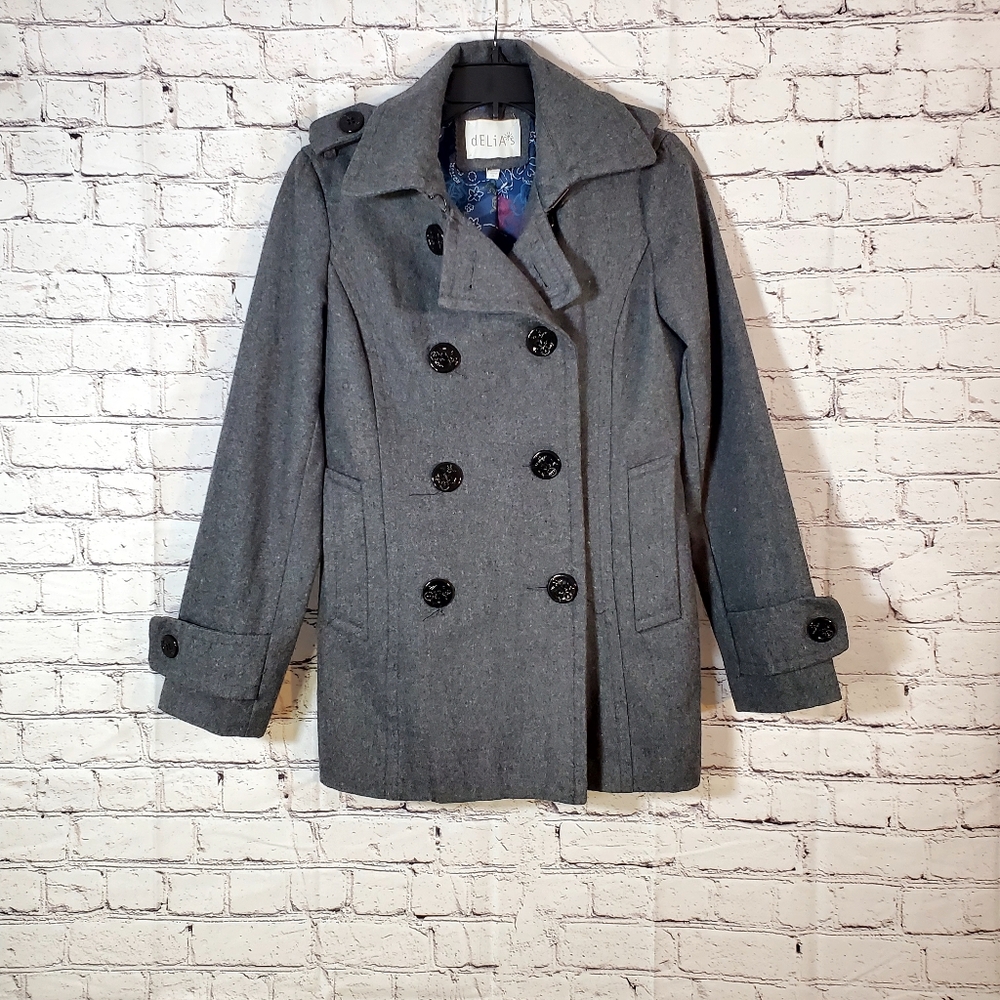 Delias Womens Size Small Wool Blend Gray Peacoat Skull Floral Satin Lining